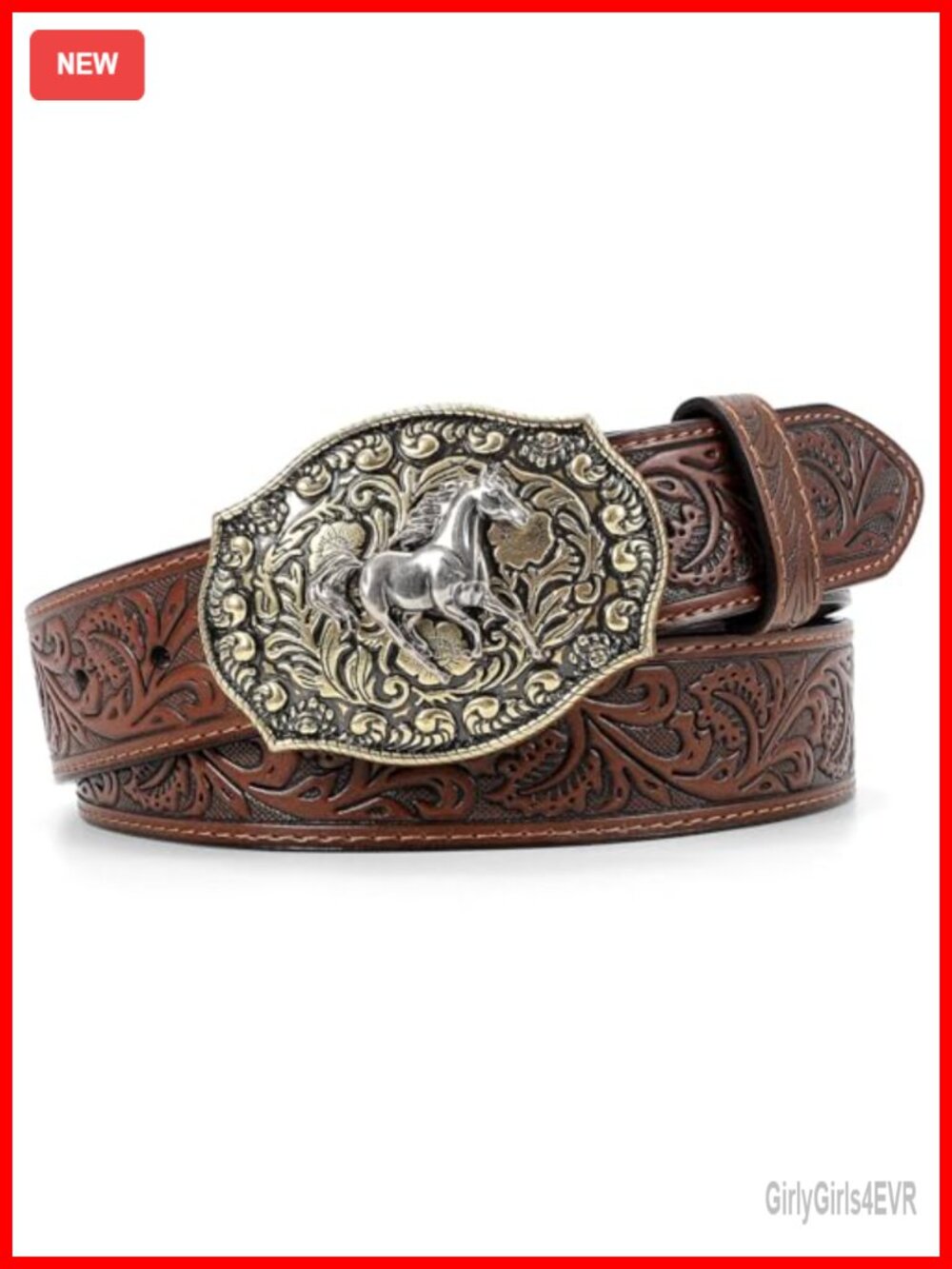 Embossed Leather Western Belt with Horse Buckle, Unisex Cowboy Belt, Removable
